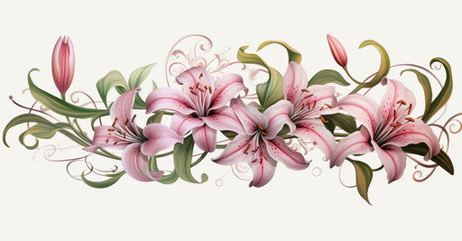 Lily tattoo design with vines and green leaves