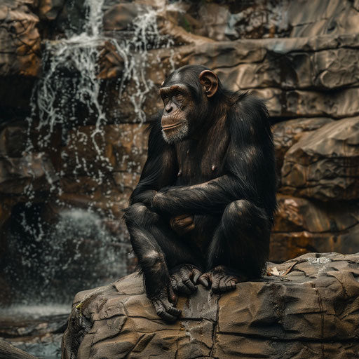 Chimpanzee sitting on a rock with a waterfall in the background