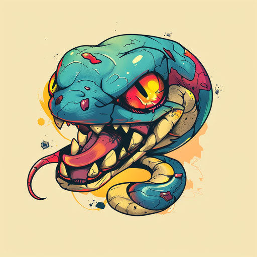 Playful tattoo sketch of a venomous cartoon character, flat style with bright primary colors