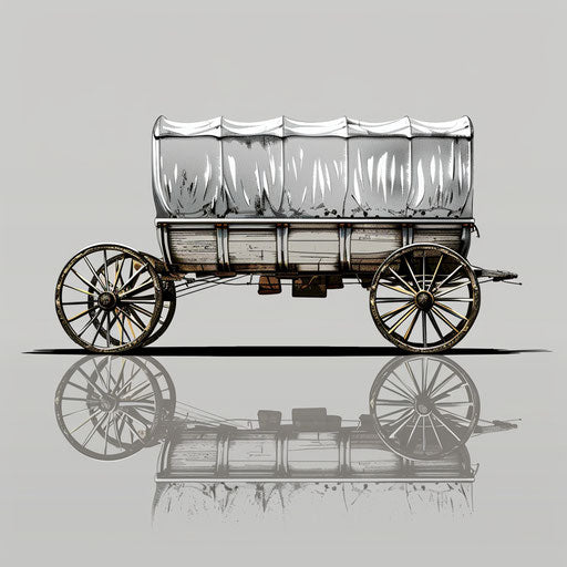 Flat metallic silver backdrop highlights a lifelike wagon clipart