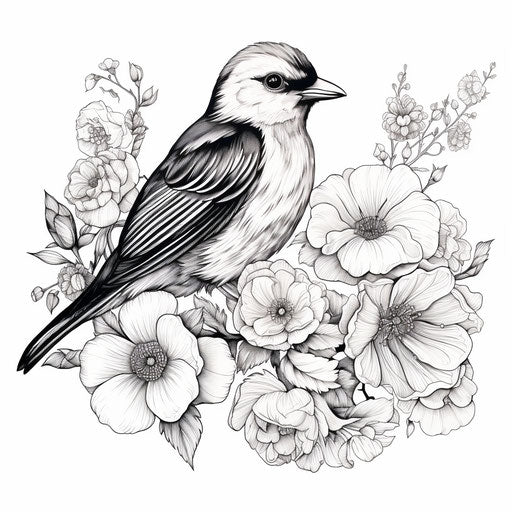 Bird and flower tattoo in black and white