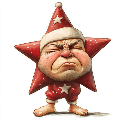 Humorous caricature of a Christmas star with human characteristics