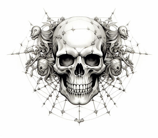 Spider and skull tattoo wiccan style on white background
