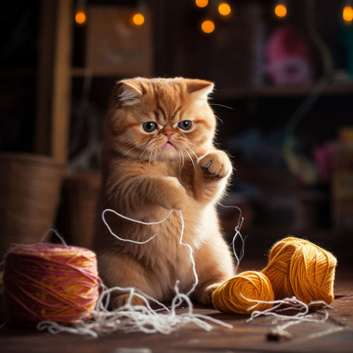 Exotic shorthair cat playing with yarn