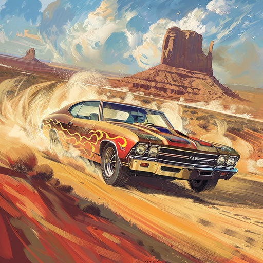 1969 Chevrolet Chevelle SS hotrod with flames in the desert