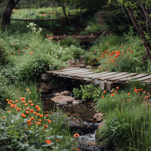 Rustic wooden bridge over a babbling brook
