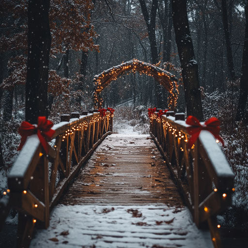 Wooden bridge in the forest, decorated with white lights and red bows