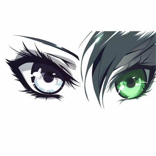 Green and gray anime eyes on white background