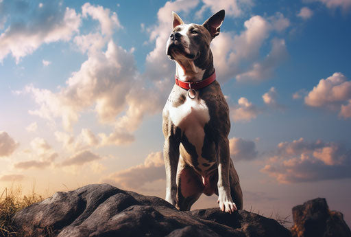 Pit terrier dog standing on a hill with blue sky