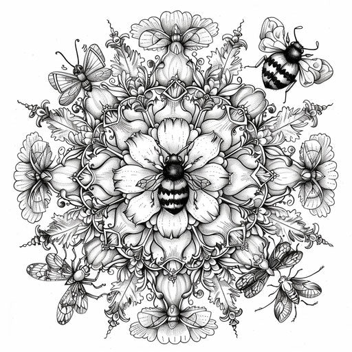 Detailed mandala with springtime insects. Coloring book page