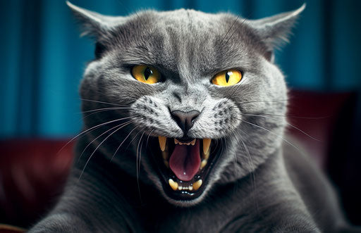 Gray cat with tongue out, dark azure and yellow style, emotive body language