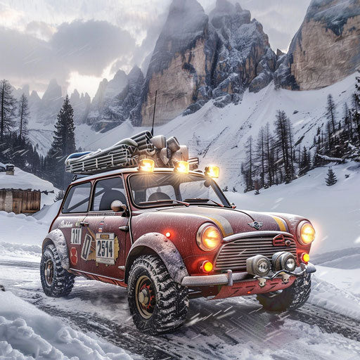 Vintage Mini Cooper ready for extreme winter adventure