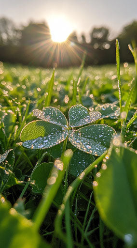 Four-leaf clover with dew in the sunlight