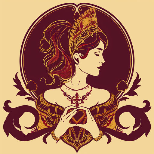 Charming flat tattoo sketch of Venus holding a heart-shaped pendant, deep red and gold, clipart style