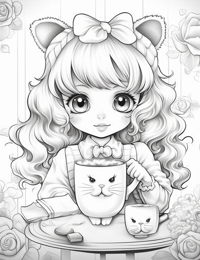 Black and white illustration of a girl in a coffee cup, fairy kei style