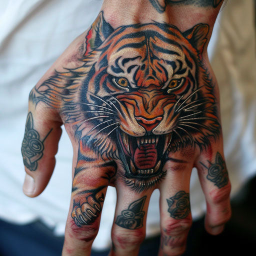 Hand tattoo designs of a tiger, in the style of Ed Hardy