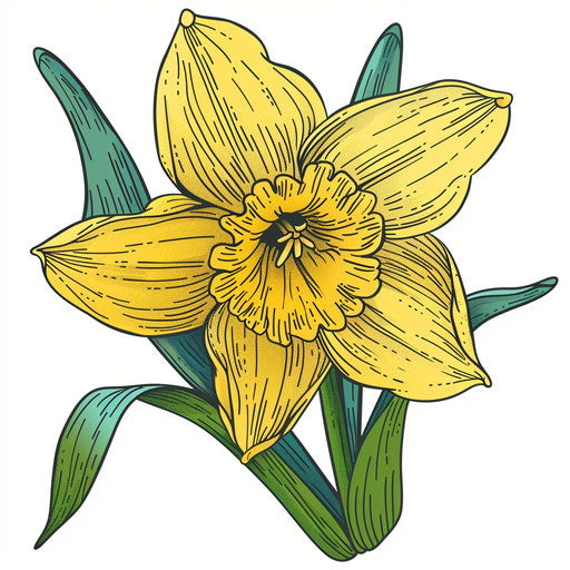 Flat tattoo sketch of daffodil, March birth flower, in yellow and green tones