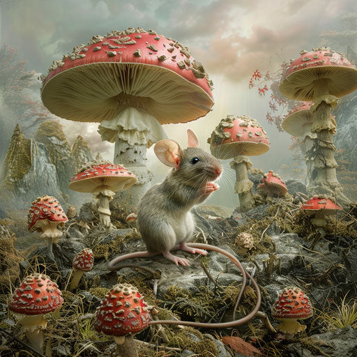 Mouse in a surreal setting with oversized mushrooms