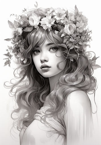 Lady with flowers in her hair, black and white drawing
