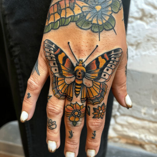 Butterfly knuckle tattoos, Merian style