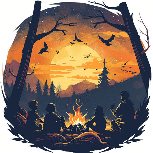 Family campfire scene with warm oranges and yellows