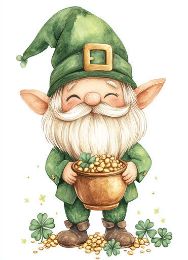 St. Patrick's Day gnome with pot of gold and shamrocks