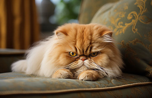 Persian cat resting on the couch, exaggerated facial features, light brown and emerald
