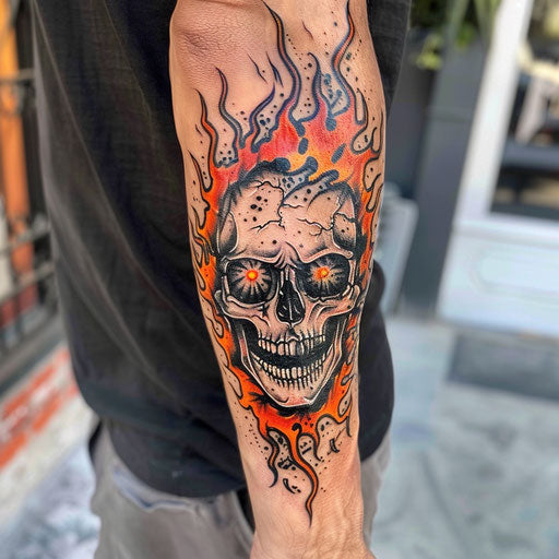 Men's forearm tattoo of a flaming skull