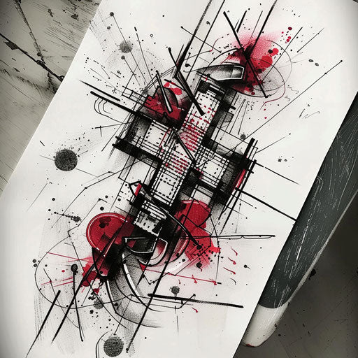 Edgy tattoo sketch of a cross stitch tattoo with street art influence and bold, splashy ink spots