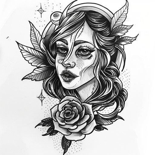 Flat sketch of a gypsy rose with bold, stencil-style and a boho chic flair