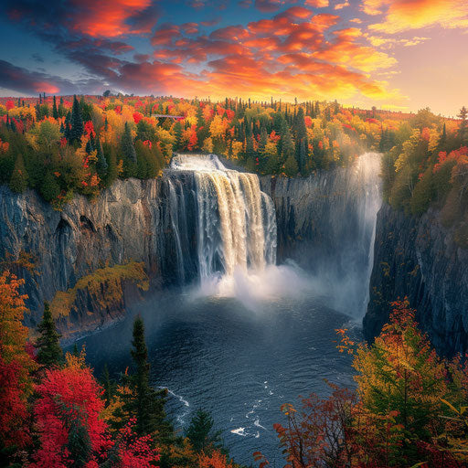 Montmorency Falls in Quebec in autumn with colorful foliage