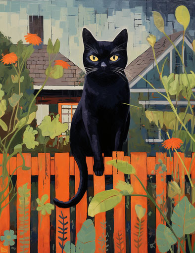 Black cat standing on a yard fence, in the style of all the above, rotcore 24:31