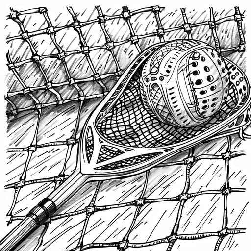 A detailed lacrosse ball with stick and net in the background