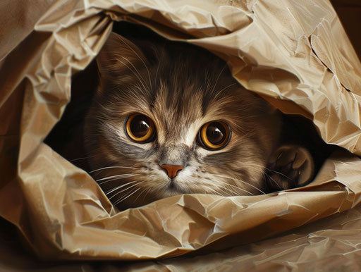 A cat peering out of the brown paper wrapping