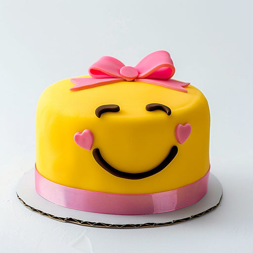 Yellow smiling cake with pink ribbon and winking eye