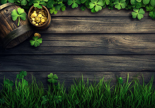 St. Patrick's Day banner with green grass and clover decoration on wood background