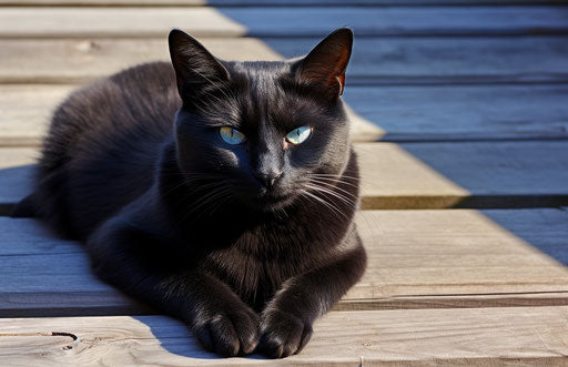 Black cat on a wooden deck, velvety textures, pretty