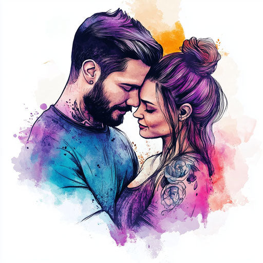 Beautiful flat clipart style mom and dad tattoo sketch with vibrant watercolor elements