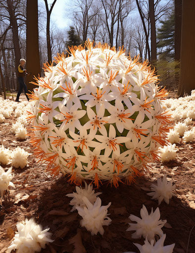 The hyacinth ball in an arboretum by person, in the style of dark orange and light beige, NYC explosion coverage, spiky mounds, dark beige and white, flower power, mushroomcore 24:31