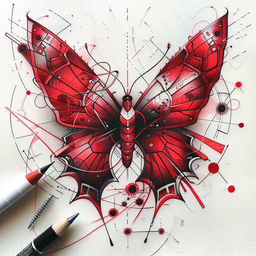 Futuristic tattoo sketch of a red butterfly with metallic shades and circuit patterns