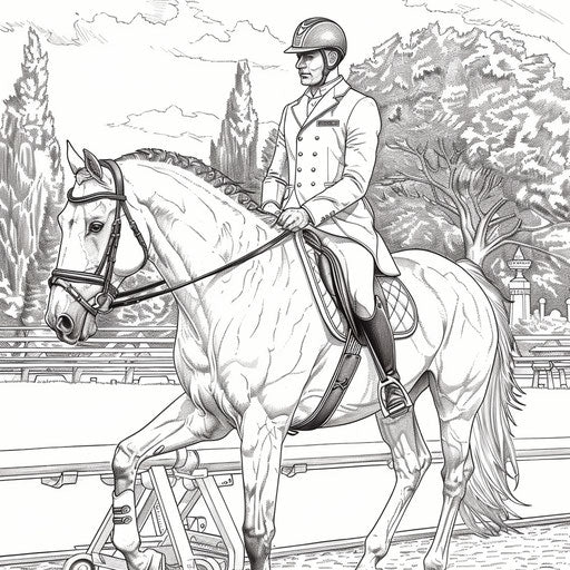 Detailed illustration of a horse and rider in a dressage competition.