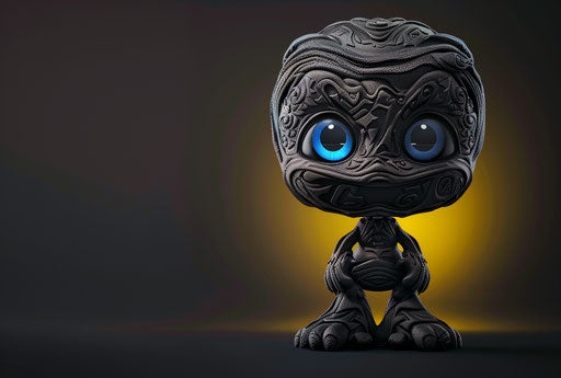 3D character with blue eyes on black and yellow background