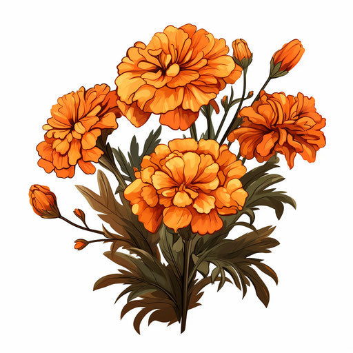 Marigold illustration in the style of Chiaroscuro Art, on white background