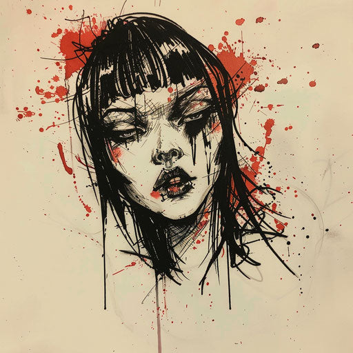 Hardcore punk flat neda tattoo sketch with edgy black and splattered red ink