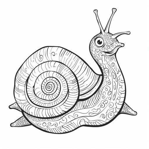 A smiling snail with a spiral shell. Coloring book page