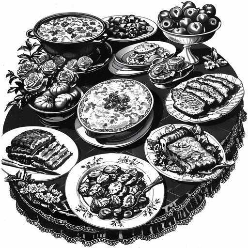 Vintage-inspired potluck clipart in black and white