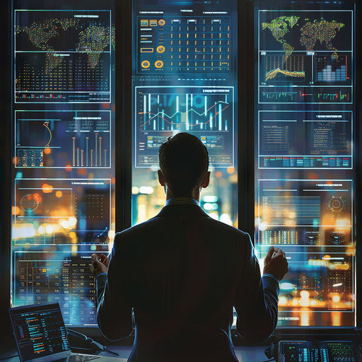 Businessman analyzing complex data on multiple screens