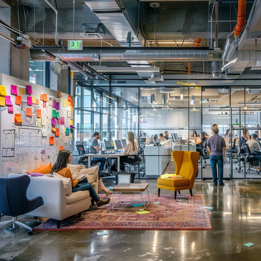 Vibrant startup office with whiteboards filled with ideas
