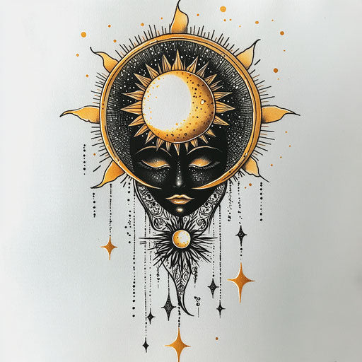 Beautiful flat style tattoo for women, stylized sun and moon in black and gold