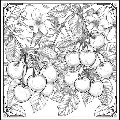 Cherries surrounded by vintage floral patterns in the style of Mindy Sommers Coloring book page
